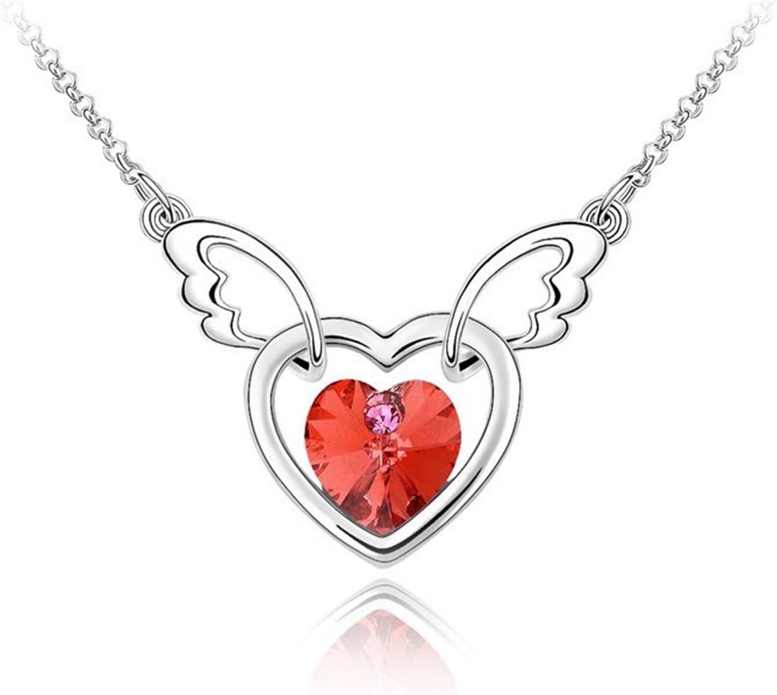 Mondaynoon Valentine's Gift Austrian Crystal Heart Of The Angle Necklace For Women (Red)