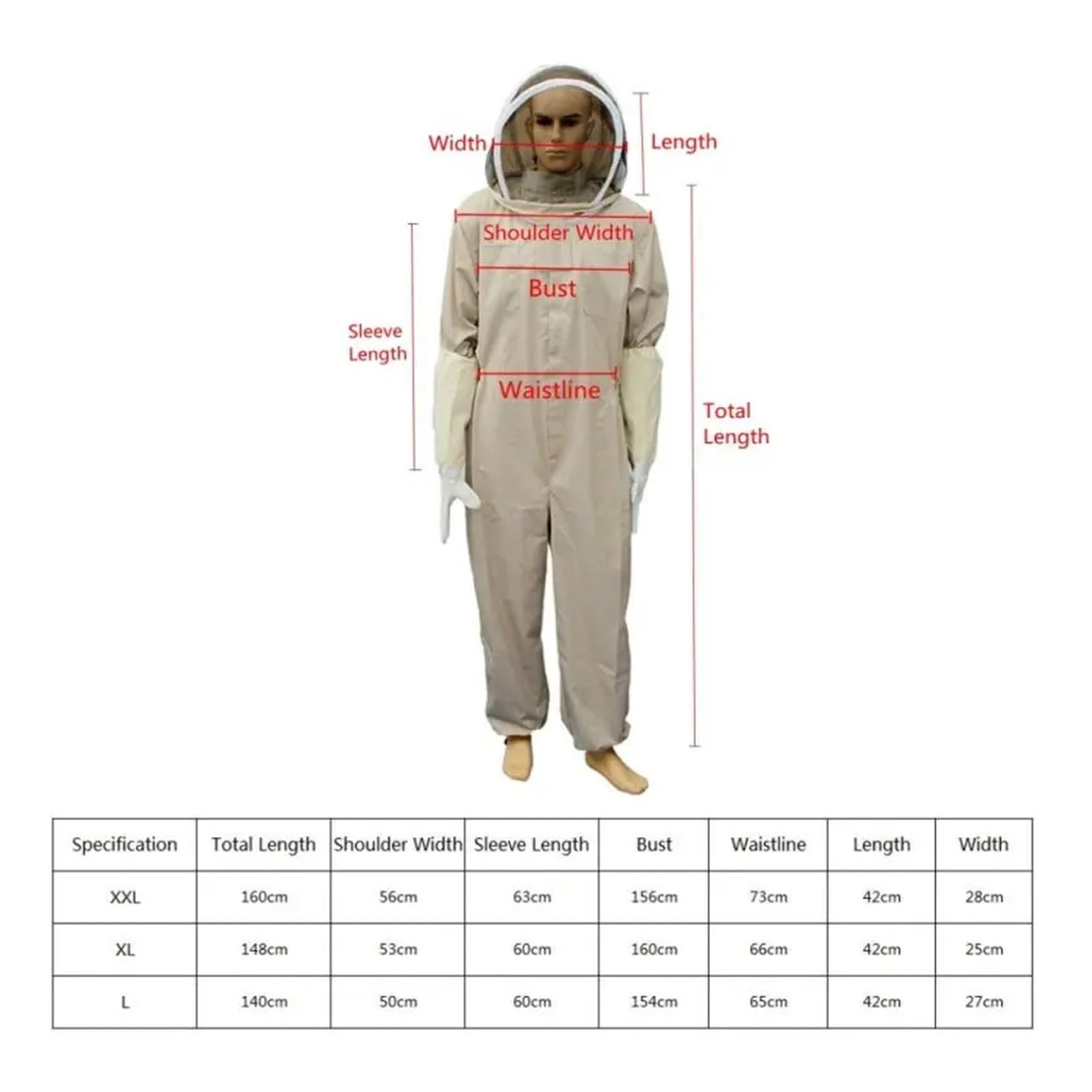 Tuta da apicoltore, Tuta for coltura Abbigliamento for 1 set for professionale ventilata for tutto il corpo con guanti(L)