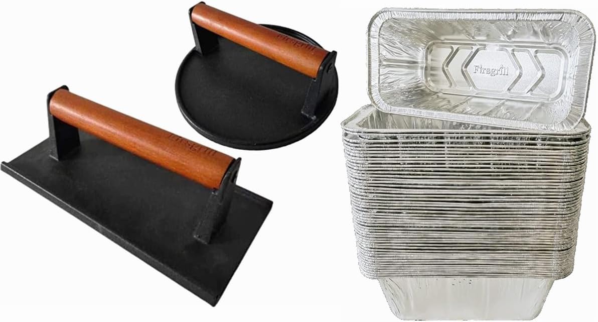 Firsgrill Burger Press 7.08" Round & 8.3‘’X4.3”Rectangle Cast Iron Smash Meat Steak & 30-PACK Blackstone Griddle linners