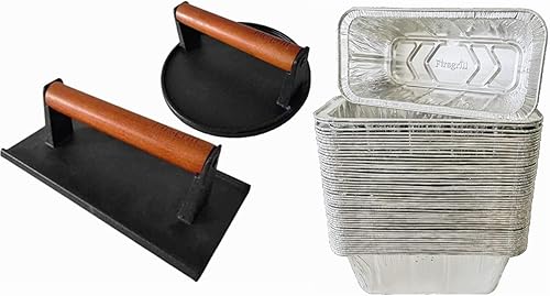 Firsgrill Burger Press - Bistec de carne rectangular de hierro fundido de 7.08 pulgadas y 8.3 x 4.3 pulgadas y 30 forros de parrilla Blackstone