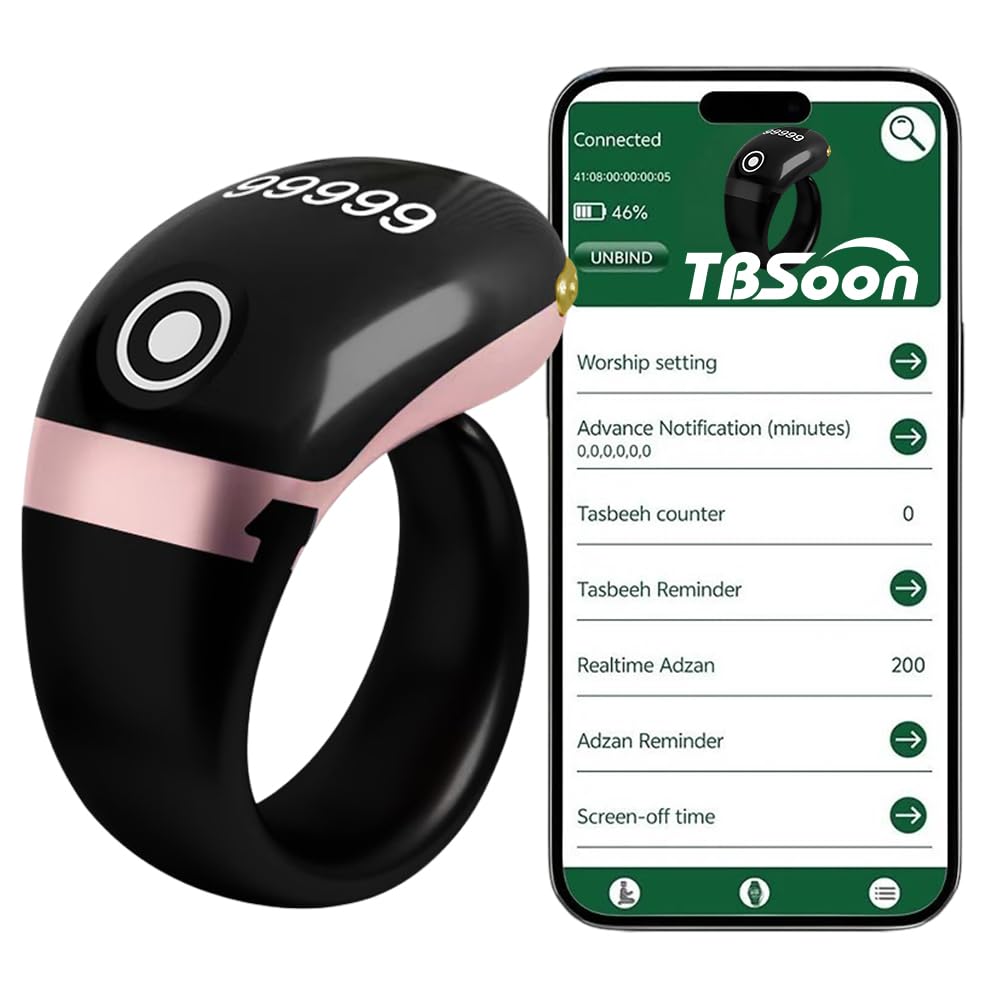 Lightweight Tasbih Smart Ring, Tasbeeh Counters,Prayer Direction Indicator Guide,5 Azan Alarm Clock,Forgiveness,Electronic Rosary,Eid al-Fitr Eid al-Adha Ramadan Gift, men women-Rose Golden Pro-image-21