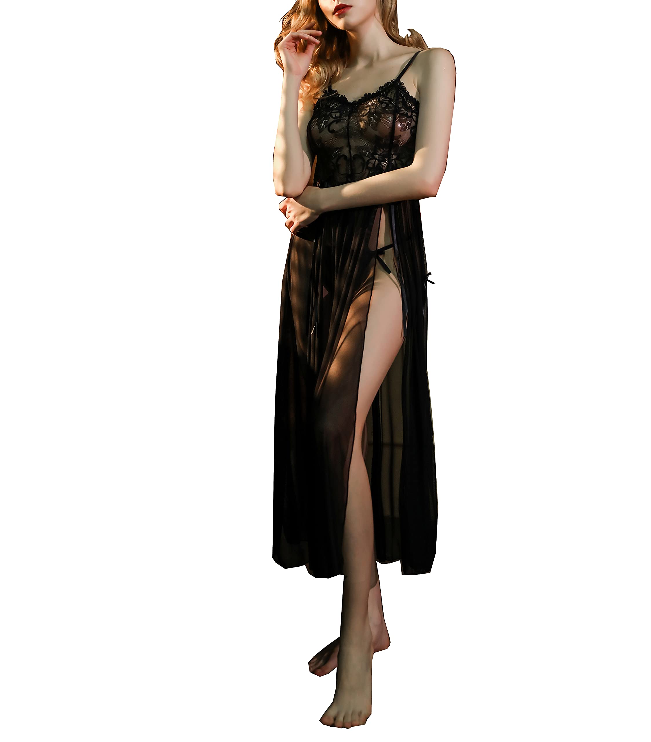 Women's Sexy See Through High Slit Long Maxi Lace Dress Lingerie Gown