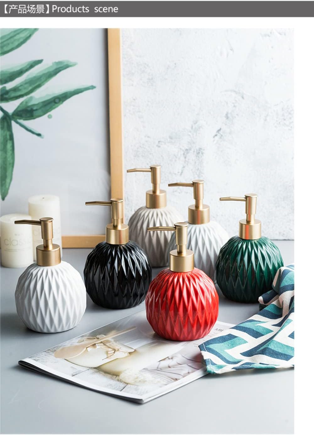 Hand wash Dispenser,Ssoap Dispenser, Relief Geometry Ceramic Liquid Soap Dispenser, Lotion Gold Pump Bottle for Kitchen Countertop Bathroom, Decorative Porcelain Hand Soap Dispenser,(Green)