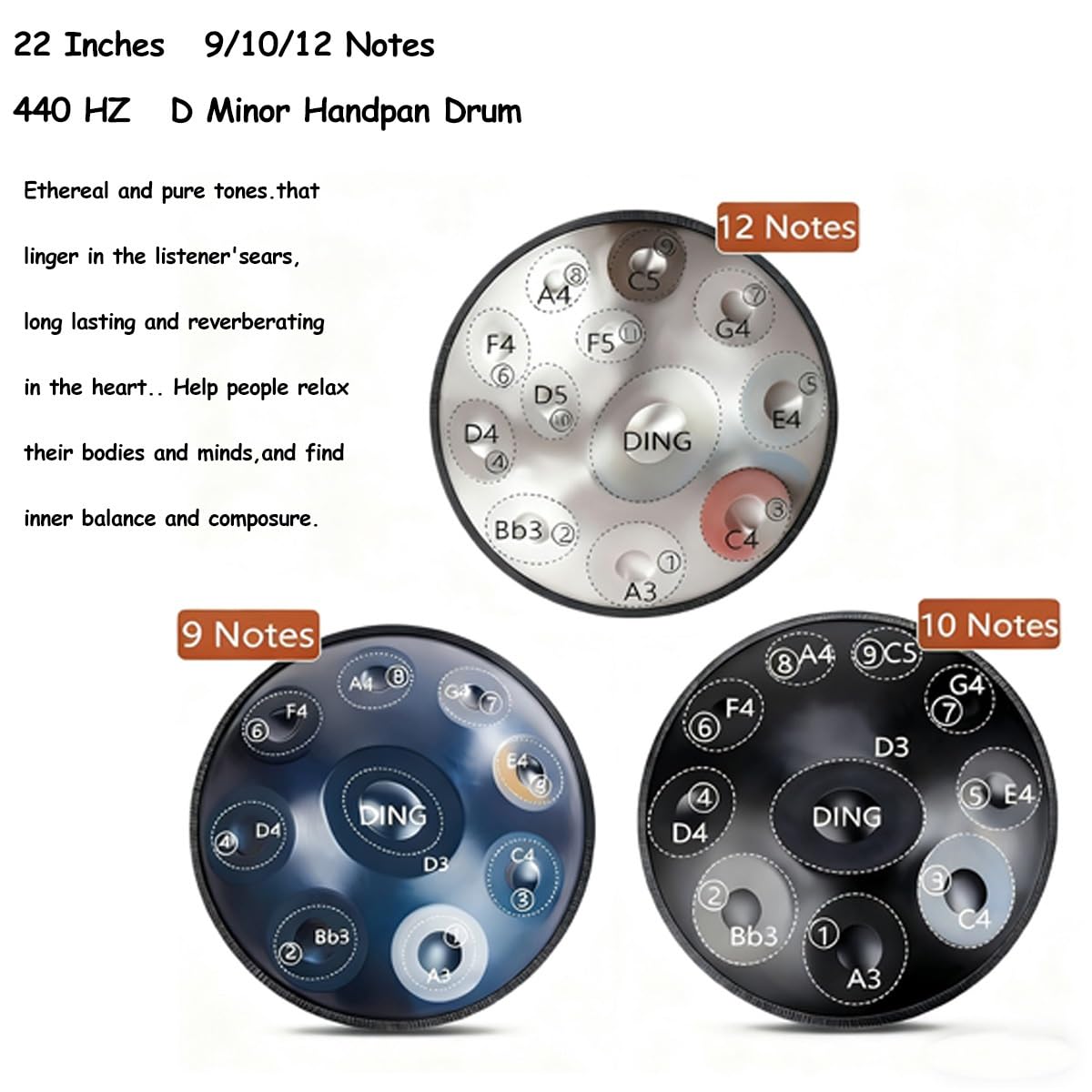 Handpan Strumento Musicale, 56cm 440 Hz 9/10/12 Note Tamburo In Acciaio Tongue Drum In Sol Minore Con Bacchette, Supporto Per Batteria, Borsa Per Meditazione Yoga(Nero,9)