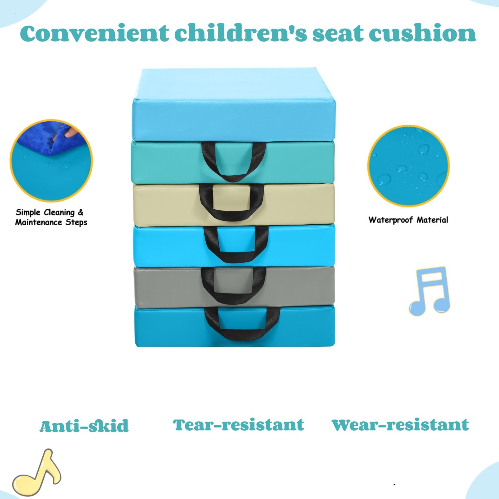 LIFEZEAL Juego de 6 Cojines de Silla para Niños, 6 Cojines de Asiento de Colores con Asa, Cojines de Suelo Apilables de Espuma y PU, Cojín Infantil de Descanso para Habitación Infantil (Cuadrado 2)