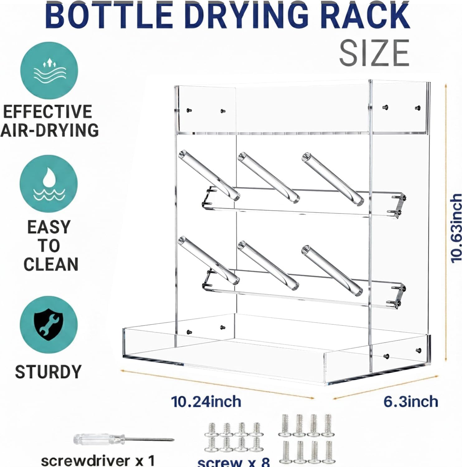 Acrylic Clear Baby Bottle Drying Rack with 2 Tiers – Space-Saving Vertical Baby Bottle Holder Organizer – Countertop Bottle Dryer Stand for Pacifiers, Pump Parts, Sippy Cups