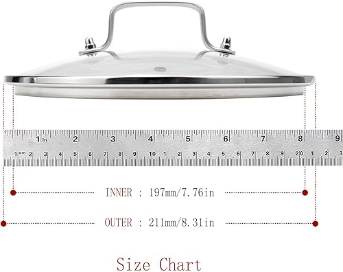 Miniatura 4 de 1 tapa de vidrio de 8 pulgadas, tapas de vidrio templado con mango recubierto de silicona, tapa de olla de 392  F (392.0 F) con doble mango de acero