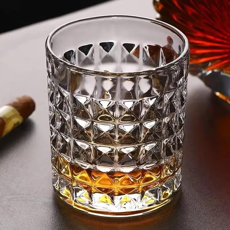 Image of Whiskey Glasses Set of 6 pcs- 300 ml Bar Glass for Drinking Bourbon, Whisky, Scotch, Cocktails, Cognac- Old Fashioned Cocktail Tumblers (4, Checks)