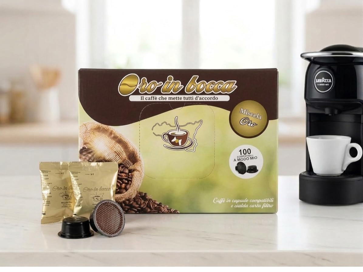 Oro in Bocca Capsule Caffè Compatibile con Lavazza A Modo Mio – Miscela Arabica e Robusta per Espresso Cremoso, Aromatico e Bilanciato, Gusto Autentico Italiano (Oro) (200, Oro)