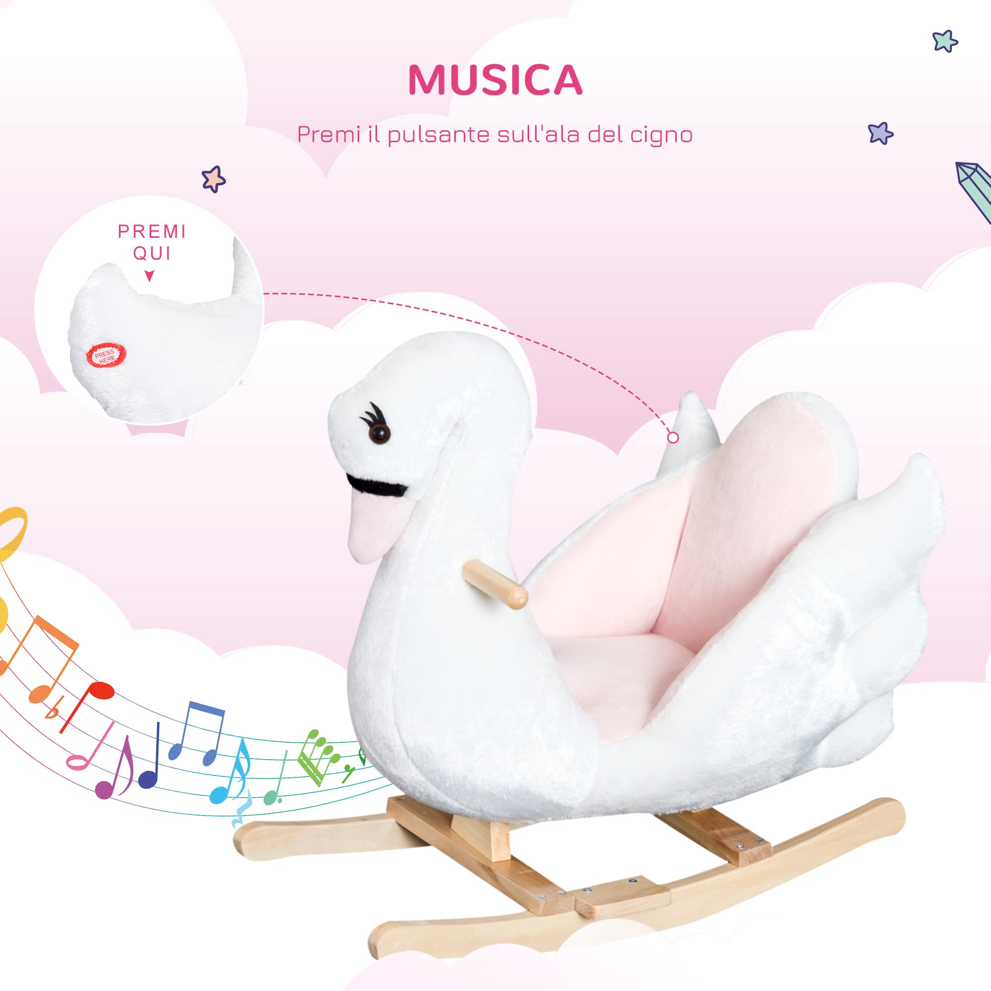HOMCOM Cavallo a Dondolo a Forma di Cigno con Musica, Cavalluccio a Dondolo con Struttura in Metallo e Legno, Rivestimento Peluche, 60x40x57cm, Bianco