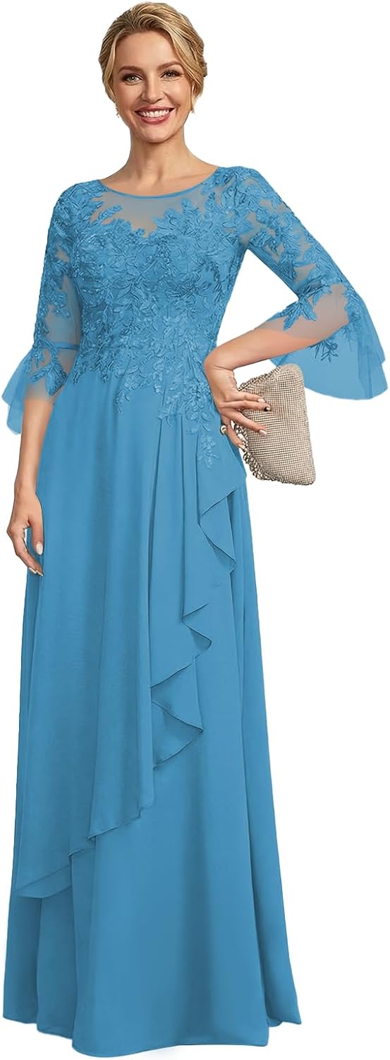 Women's 3/4 Sleeve Chiffon Mother of Bride Dress with Ruffle Long Illusion A Line Lace Appliques Formal Evening Gowns