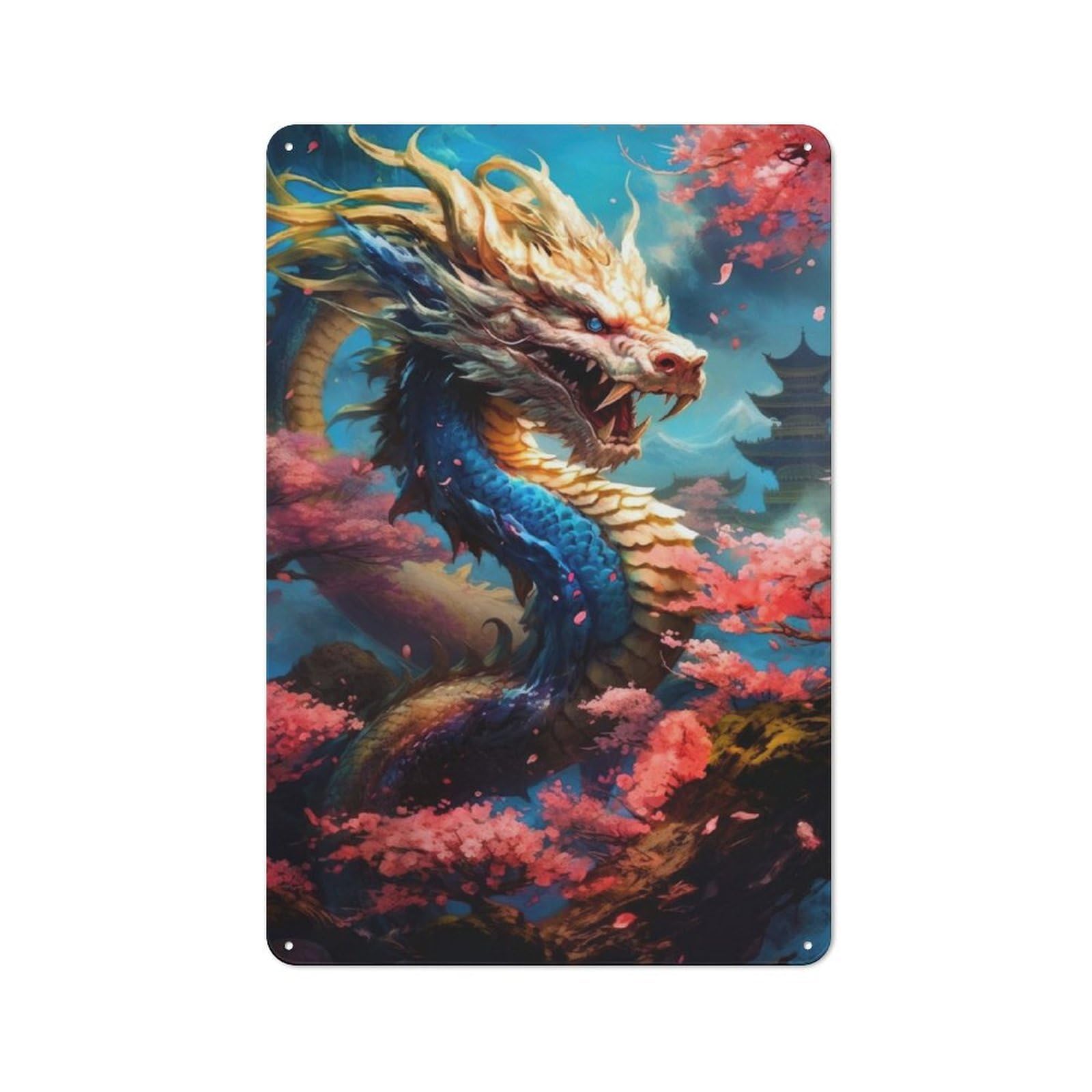 Junmoney Pictorius Dragon Tin Wall Plaque 30X20cm With For Living Room Or Hallway, For Garage, Workshop And Man Cave Decoration