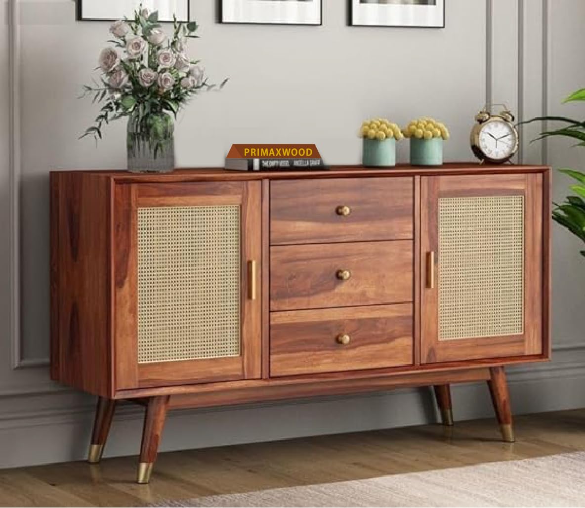 PRIMAXWOOD Wooden Sideboard Cabinet for Living Room | Solid Sheesham Wood Cabinet & Sideboard for Storage (Natural Finish)