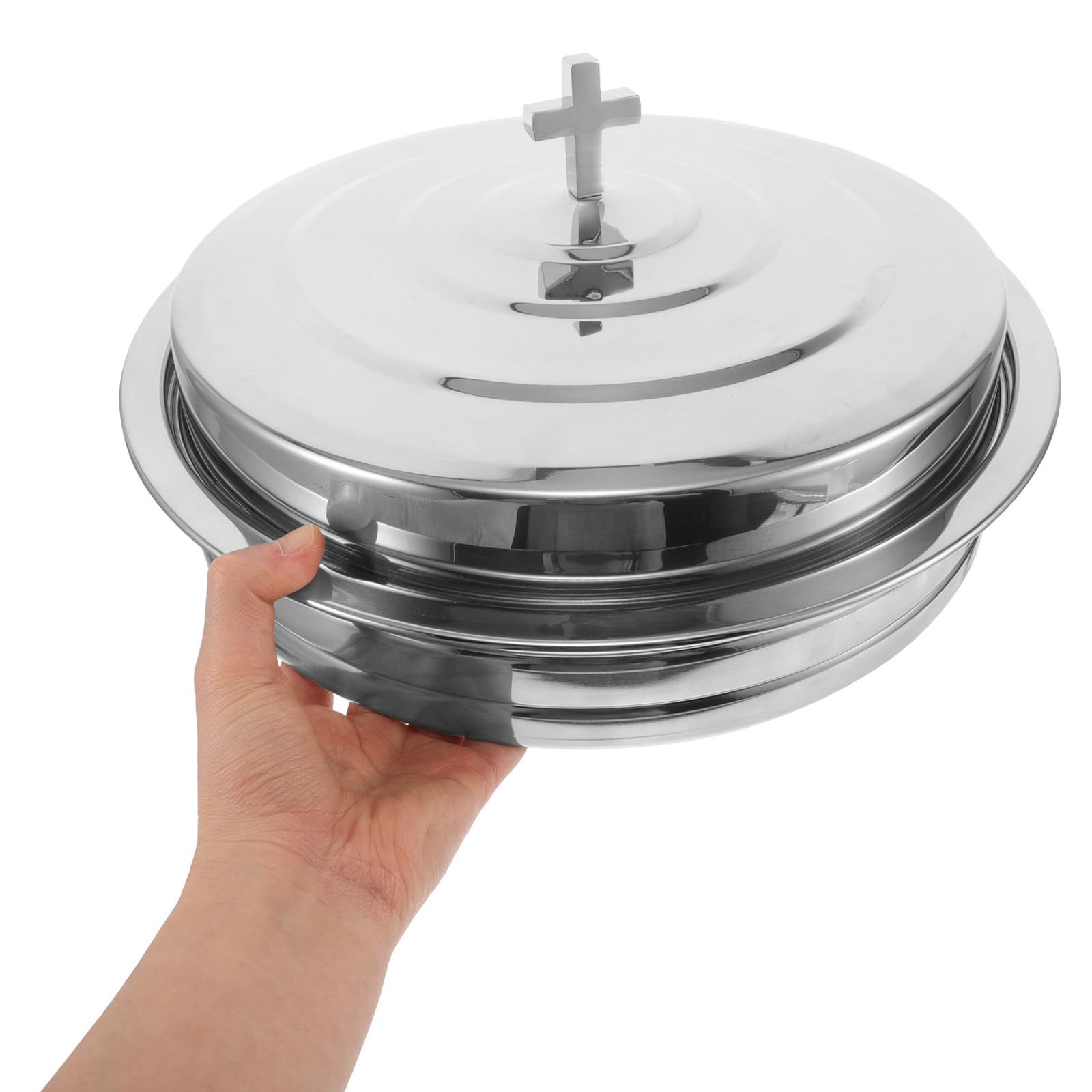 Zerodeko Bandeja de Acero Inoxidable Adecuado para Reuniones Familiares Diseño Apilable y Capacidad Grande, Plato Redondo para Suministros Iglesia para Pan de Comunión