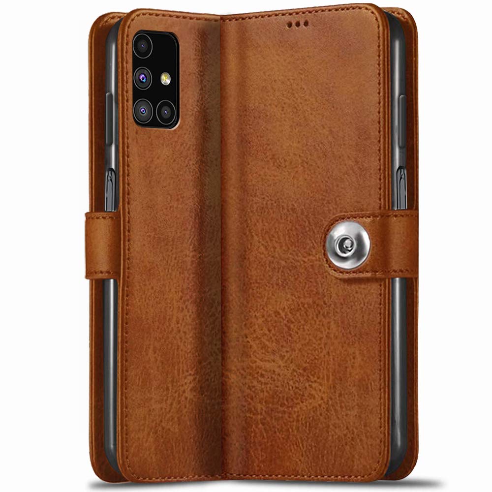 TheGiftKart Genuine Leather Finish for Samsung Galaxy M51 Flip Cover Back Case | Inside Pockets & Inbuilt Stand | Wallet Style | Designer Button Magnet Closure (Brown) TheGiftKart Genuine Leather Finish for Samsung Galaxy M51 Flip Cover Back Case | Inside Pockets & Inbuilt Stand | Wallet Style | Designer Button Magnet Closure (Brown)