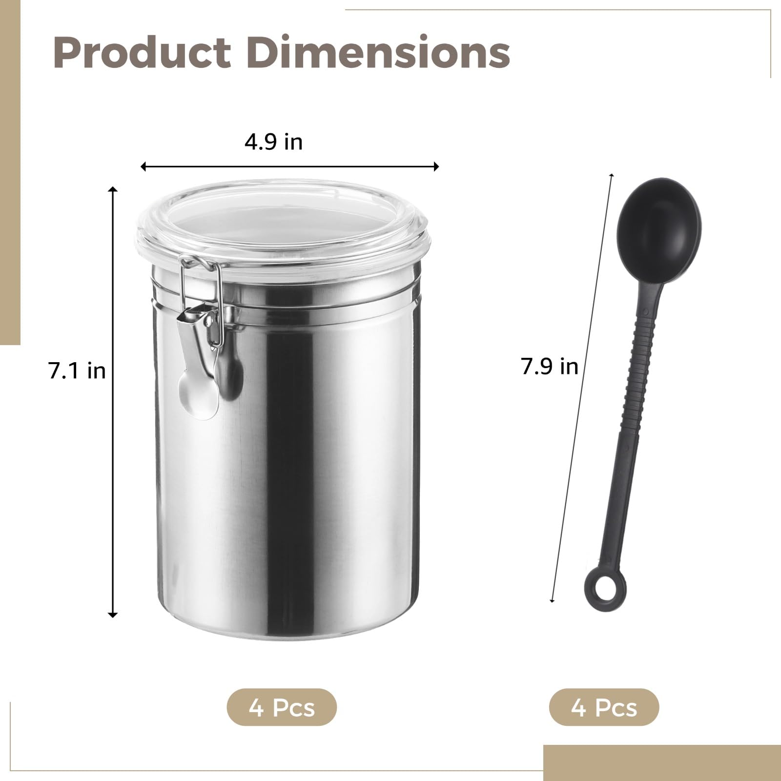 4 Stk. Edelstahl Vorratsdosen Set mit Löffeln, Kaffee Aufbewahrungsbehälter mit luftdichten Deckeln und Verschlussclips, 4,9 x 7,1 in für Bohnen, Zucker, Tee, Getreide, Mehl, Snacks
