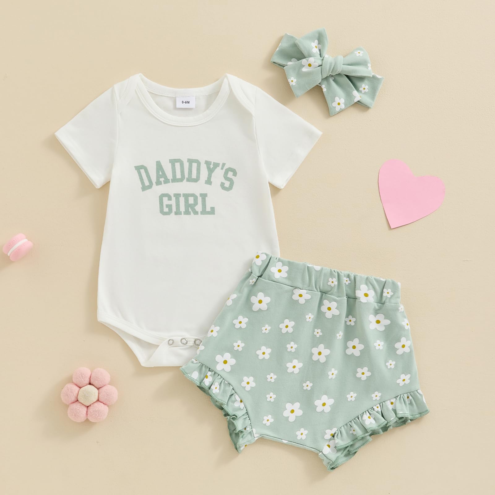 Newborn Baby Girl Clothes Daddys Girl Short Sleeve Romper Daisy Ruffle Shorts Headband 3Pcs Summer Outfit 0-18M (Green, 6-12 Months)