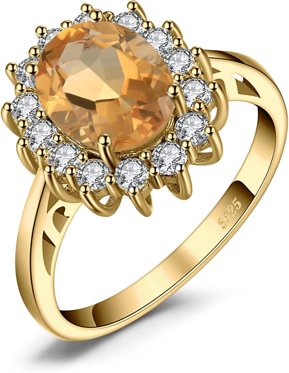 JewelryPalace Anillos de compromiso con halo de zafiro y piedra natal de clase Princesa Diana Kate Middleton para mujer, aniversario de plata de ley 925 chapada en oro rosa amarillo blanco de 14 quilates, anillos de promesa para ella