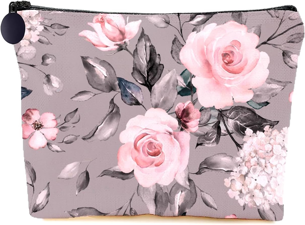 Cosmetic Bag Makeup Bag, Birthday Gifts for Women Mom, Cute Canvas Toiletry Bag, Durable Travel Toiletry Makeup Organizer Zipper Pouch, Lipstick Pouch, Pink Grey Rose