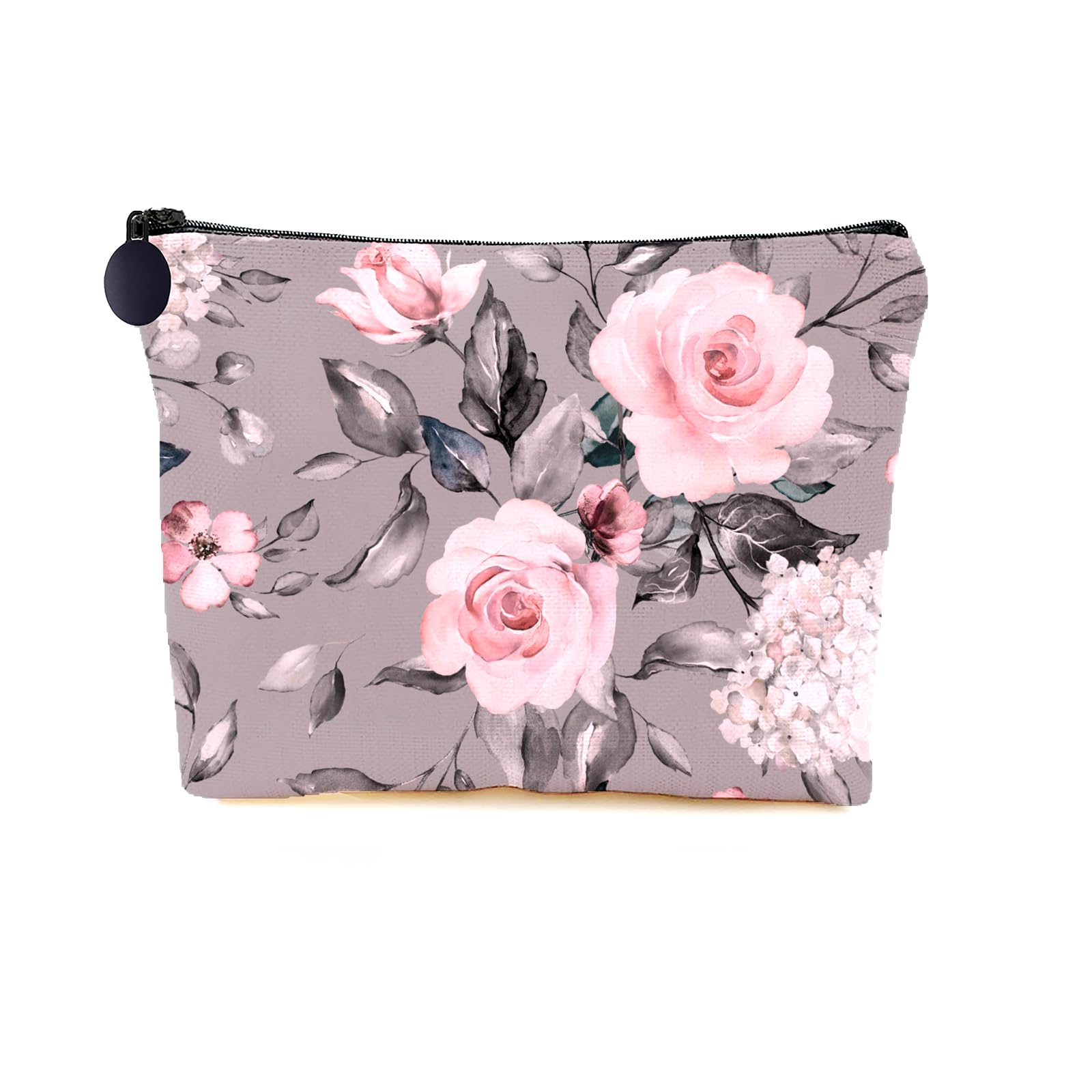 Cosmetic Bag Makeup Bag, Birthday Gifts for Women Mom, Cute Canvas Toiletry Bag, Durable Travel Toiletry Makeup Organizer Zipper Pouch, Lipstick Pouch, Pink Grey Rose