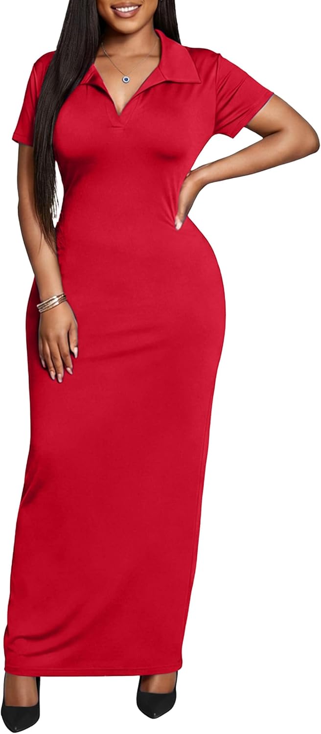 FANDEE Women's Bodycon Maxi Dress, Casual Polo Collar V-Neck Short Sleeve Party Holiday Elegant Long Dresses