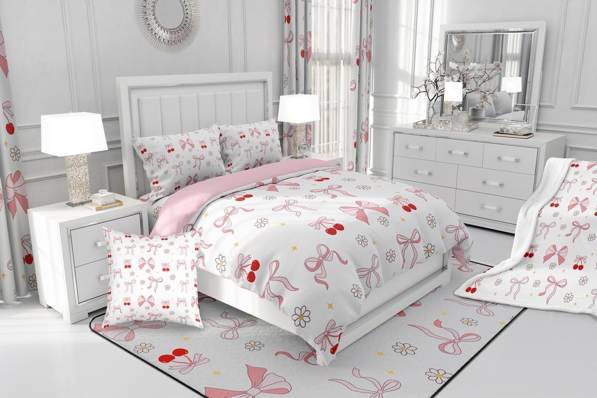Erosebridal Bow Floral Comforter Set Girls Watercolor Bows Bedding Queen Size,Coquette Bowknot Bedding Sets for Lovely Princess Dreamy Bed Set Simple Cute Aesthetic Bedroom Decor,with 2 Pillowcases