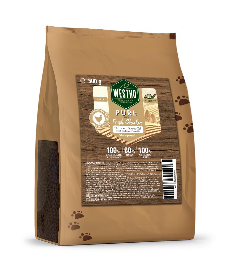 WESTHO Trockenfutter Pure Fresh Chicken 500g | 60% Huhn | Praktische Probiergröße | Getreidefrei | Hunde Trockenfutter für alle Rassen und Alter (Huhn mit Kartoffel)
