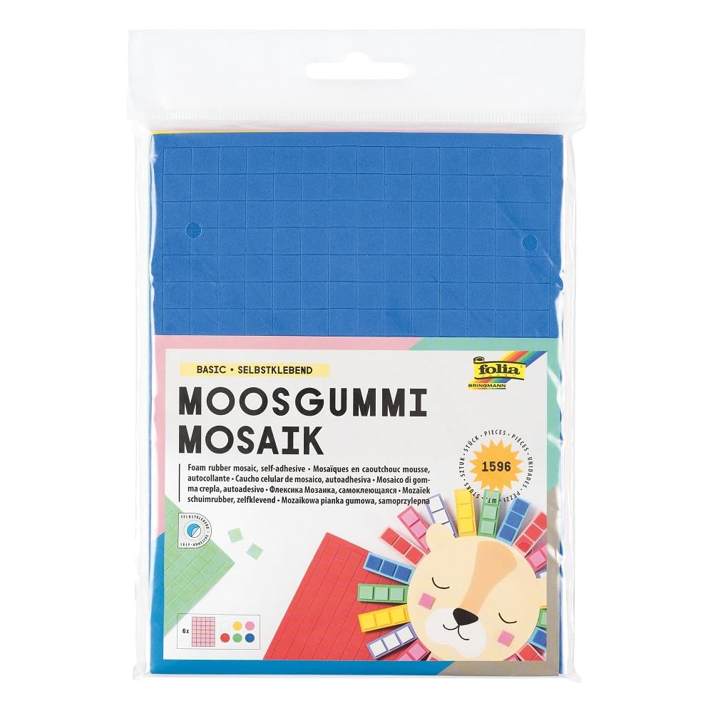 Folia Moosgummi Mosaik Set – Selbstklebend, 6 Bögen, ca. 15 x 20 cm, 2 mm, farbig sortiert