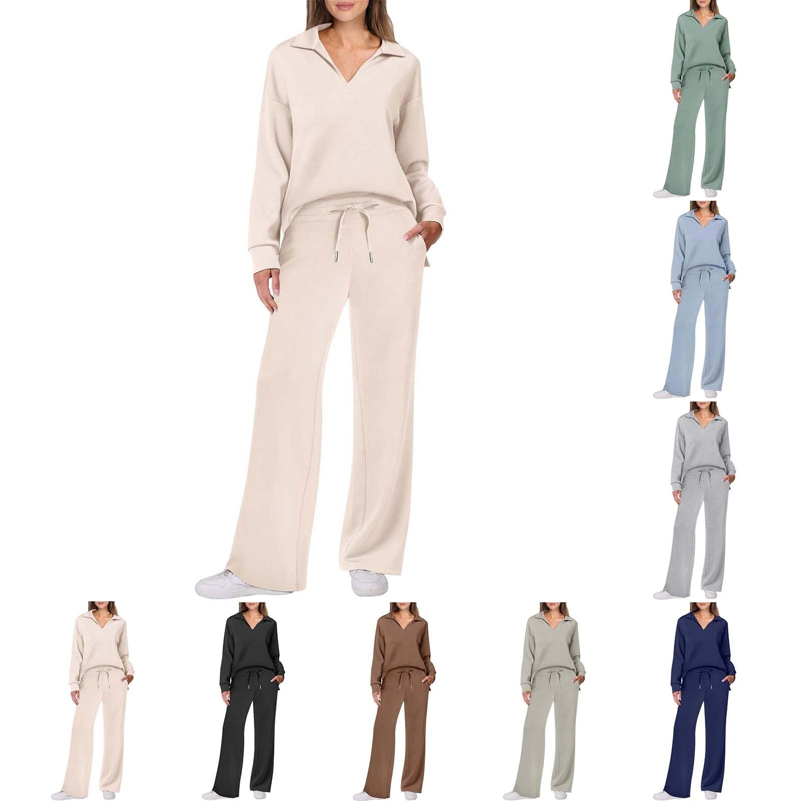 Conjunto de pijama de algodón de manga larga para mujer, color sólido, cuello en V, pantalones de pierna ancha, chándal con bolsillos, conjunto cómodo de dos piezas, pijama casual de mezcla de algodón