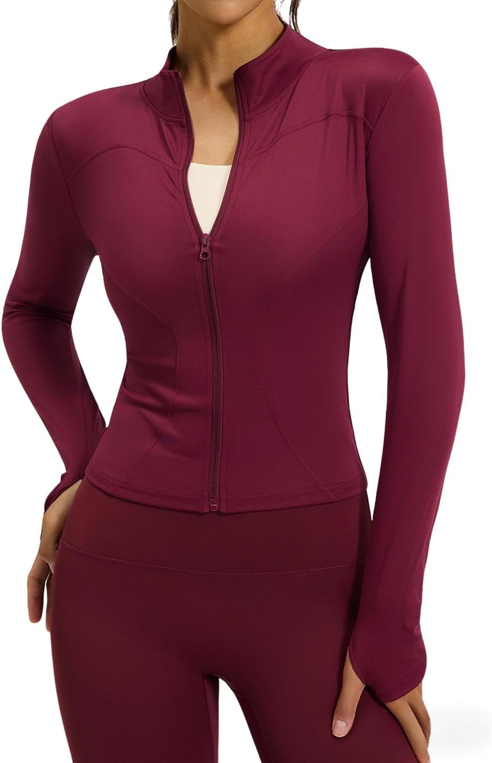 Women's Slim Fit Full Zip Fleece Jacket with Thumbholes, Lightweight Running Track Sportswear for Outdoor Training