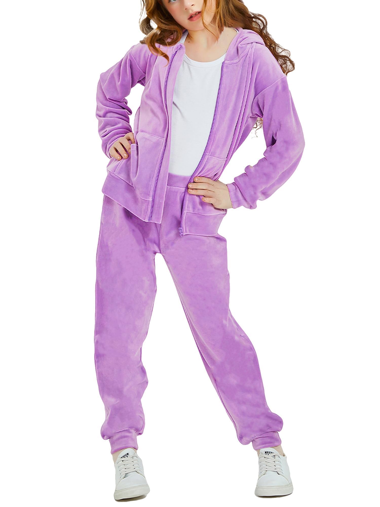 Woolicity Mädchen Sweatsuits Set Velour Trainingsanzug 2-teilige Outfits Zip Up Hoodies und Hosen Sportswear Jogging Set