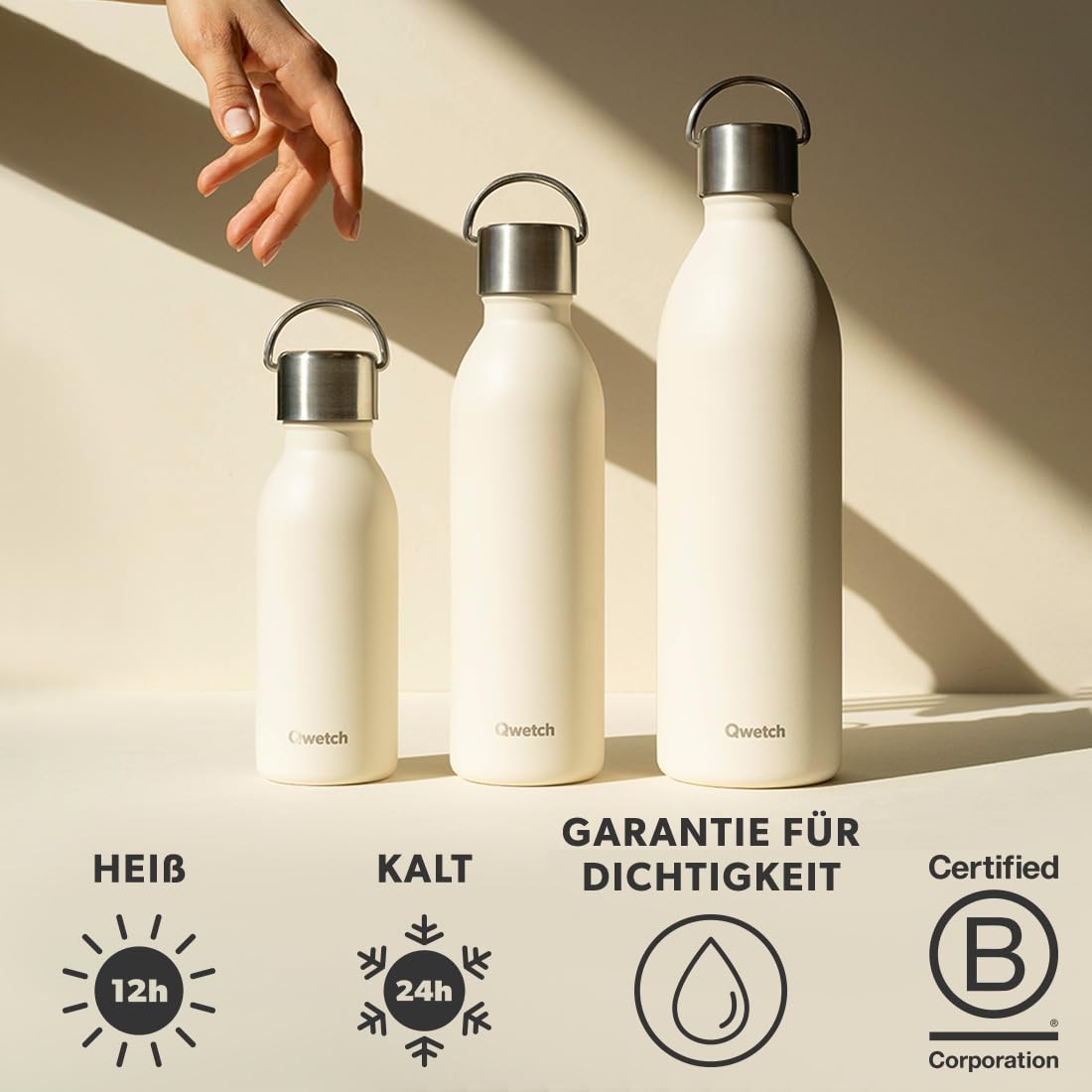 Qwetch - Trinkflasche 1L Edelstahl Active - Thermosflasche aus 90% recyceltem Inox - 24h Kalt & 12h Heiß - Isolierflasche, Auslaufsicher, BPA-frei & Kompakt