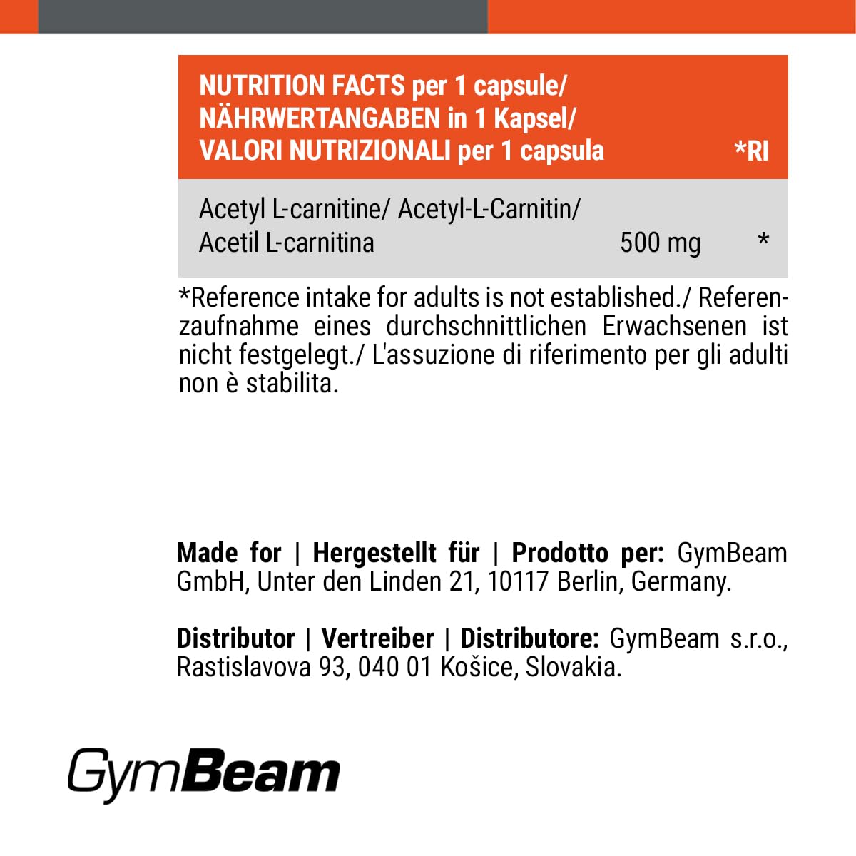 GymBeam Acetil L-Carnitina, 500mg, Bruciagrassi Nootropico, Adatto ai Vegani, Capsule Facilmente Assorbibili, Acetil Carnitina per l'Energia e il Trasporto di Acidi Grassi, Acetyl L Carnitina
