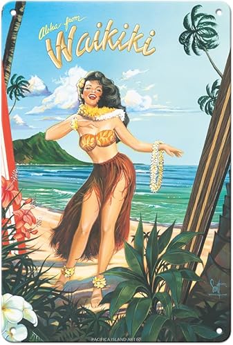Pacifica Island Art Aloha from Waikiki - Hula Girl Dancer - From an Original Color Painting by Scott Westmoreland - Cartel de metal vintage de 8 x