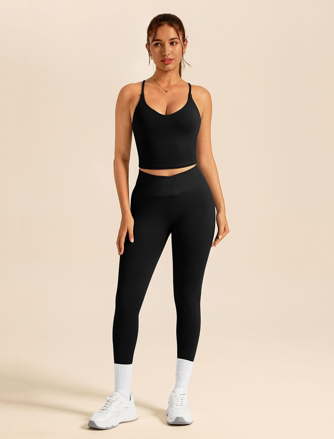 ABOCIW Womens Workout Sets 2 Piece Seamless Strappy Tank Top Crossover Waist Leggings Gym Sets Active Wear - Image 4