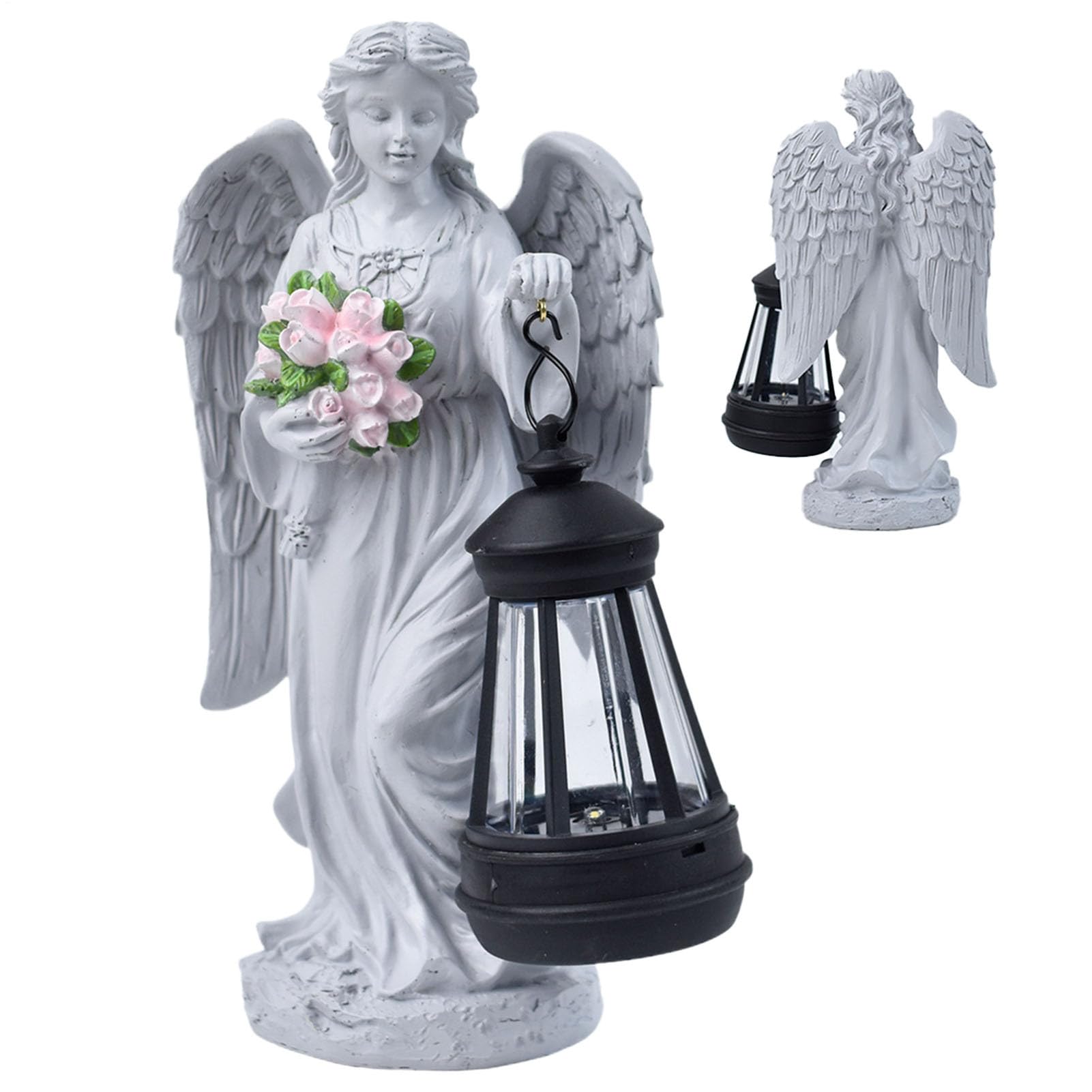 Genérico Solar Garden Angel, Resin Memorial Figurka, Outdoor Yard Ornament, 9 x 5,5 x 2,7 Light-Up Decorative Statue with Flower Accent, Idealny na patio, ganek, cmentarz i spacer