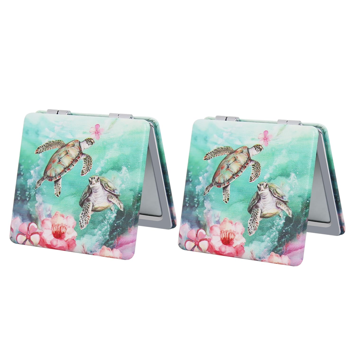 Pocket Mirror for Women, 2 Pcs Square 2.8” PU MarineAnimal Style Double Sided 1X/3X Mirror for Purse Travel Compact Mirror (MA01)