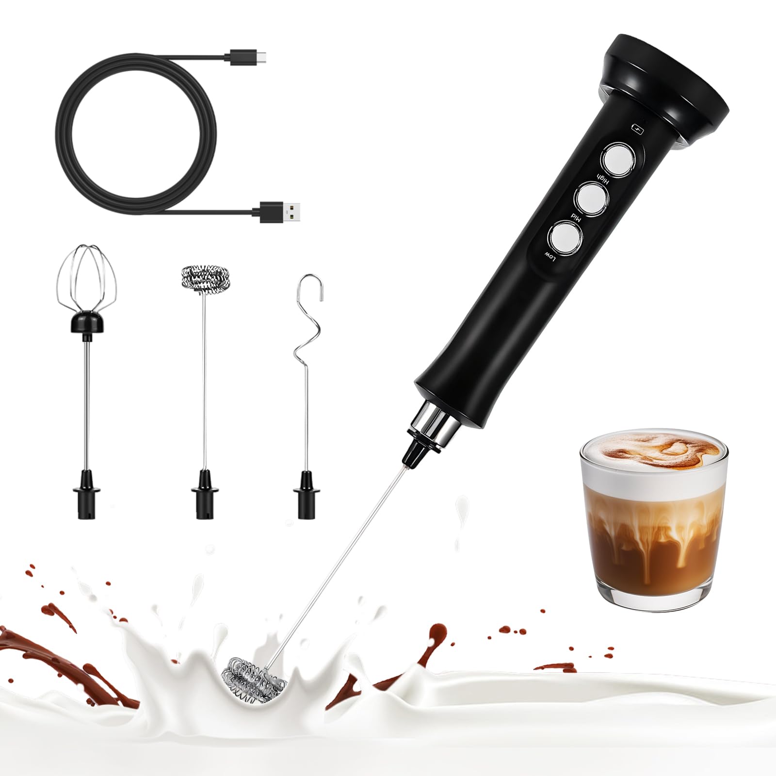 Montalatte elettrico a mano, montalatte elettrico ricaricabile, mixer per bevande a 3 velocità, adatto per montalatte per caffè, cioccolata calda, cappuccino