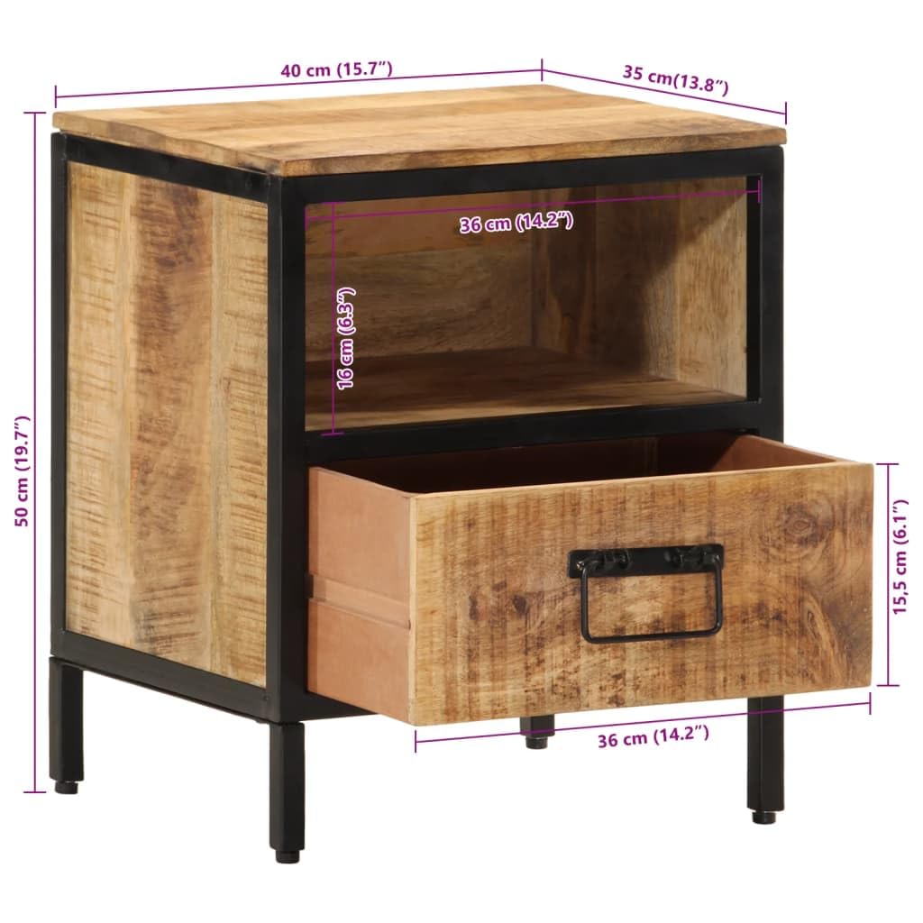 Stolik nocny 40 x 35 x 50 cm z litego drewna mango, stolik pomocniczy do sypialni z 1 szufladą, nowoczesny design, wytrzymała żelazna rama, stolik końcowy do salonu