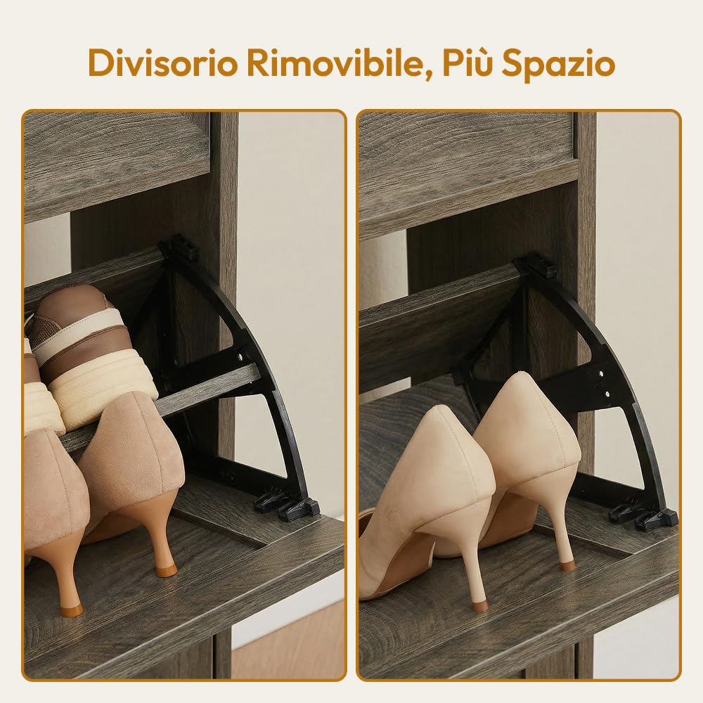 CASABEL Scarpiera 4 Ribalte, Frontali con motivo a croce, Legno Scuro, Design Funzionale, Grande Capacità 24 Paia, Mobile Pratico per Corridoio, Ingresso o Soggiorno, 114x24x96 cm