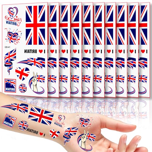 10 Sheets Union Jack Flag Temporary Tattoo 12x7cm Great Britain British Flag Tattoo Transfer Stickers UK Patriotic Tattoos for World Cup Football 2026 Decoration National Day Union Jack Party Decor