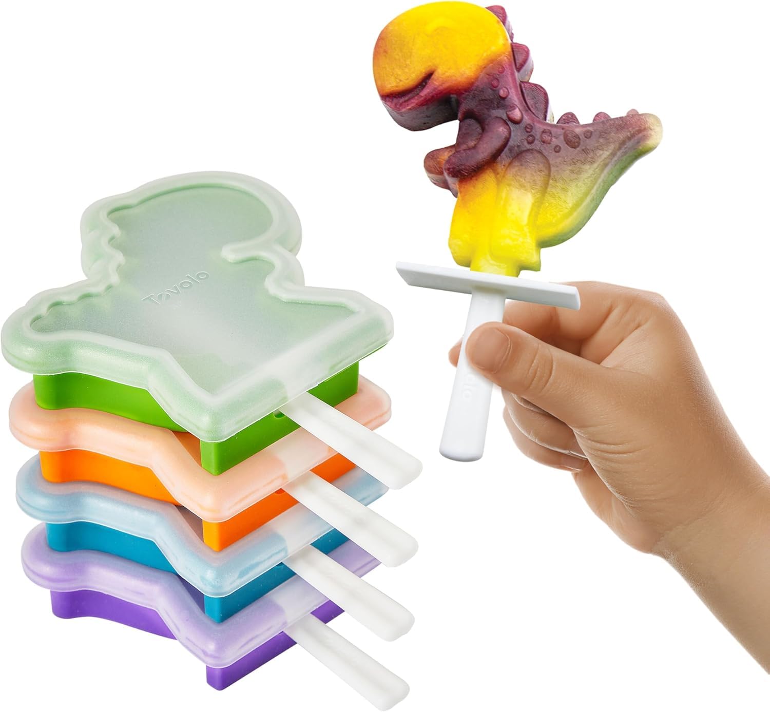 Tovolo Clear / Orange Silicone Popsicle Molds With Sticks (4-Pack, Dino) - Reusable Ice Pop Molds For Homemade Flavored Ice Pops & Frozen Snacks - Stackable Popsicle Maker With Lid, Dishwasher Safe & Bpa-Free