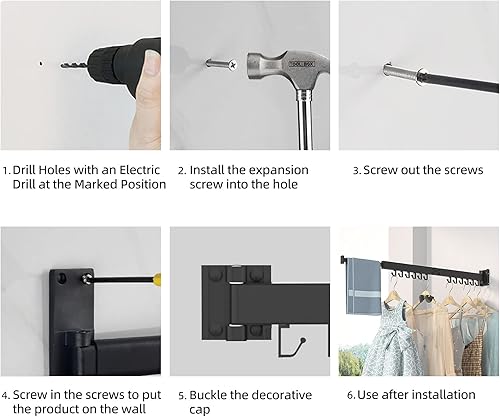 Miniatura 6 de Estante de secado de ropa retráctil, 2 pliegues, color negro, ahorrador de espacio, perchero plegable duradero de alta calidad, para lavandería,