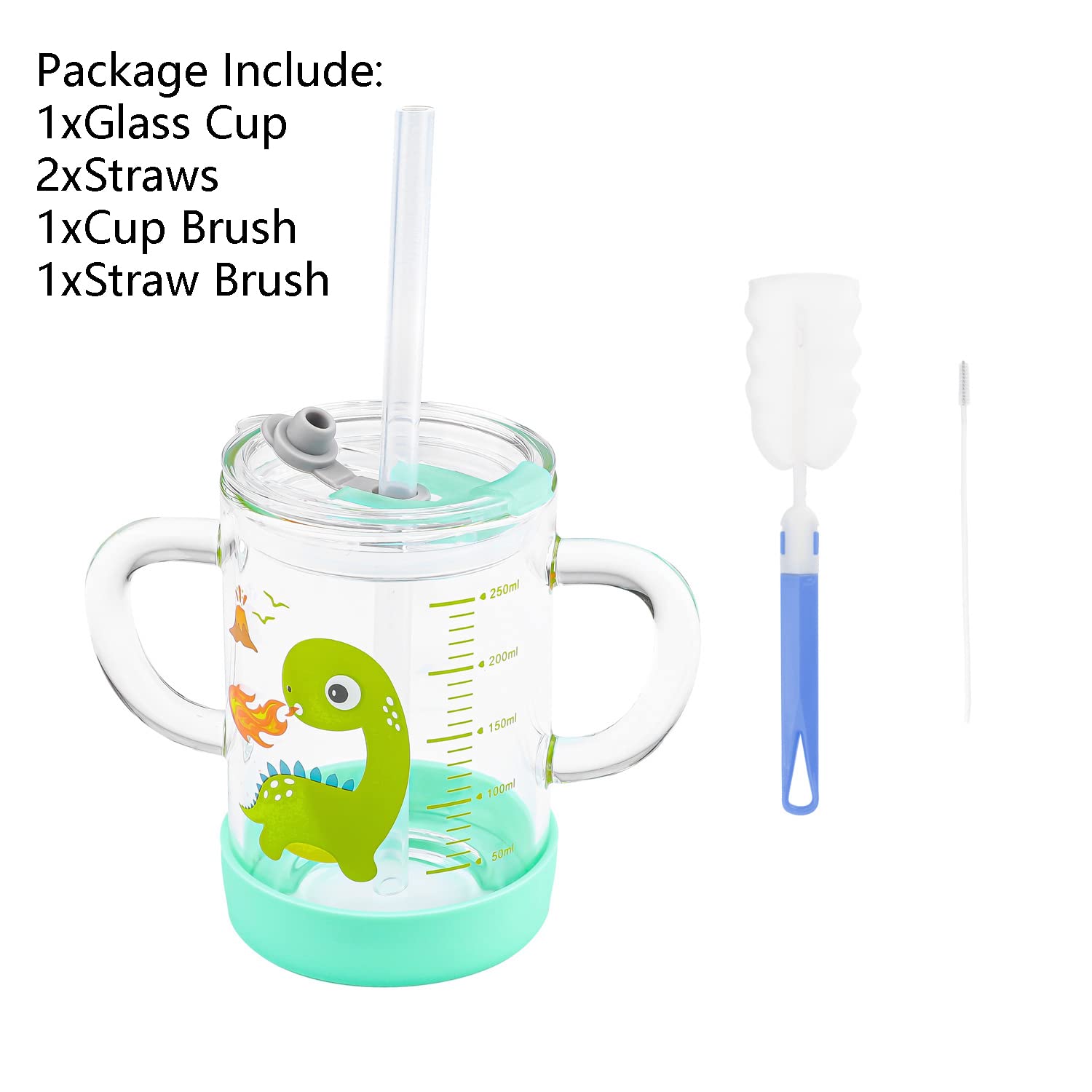 Tazza per latte in vetro per bambini da 250 ml, caraffa graduata con cannuccia in silicone e coperchio, resistente al calore, a prova di perdite, tazza da viaggio con bilancia per bere latte, succhi
