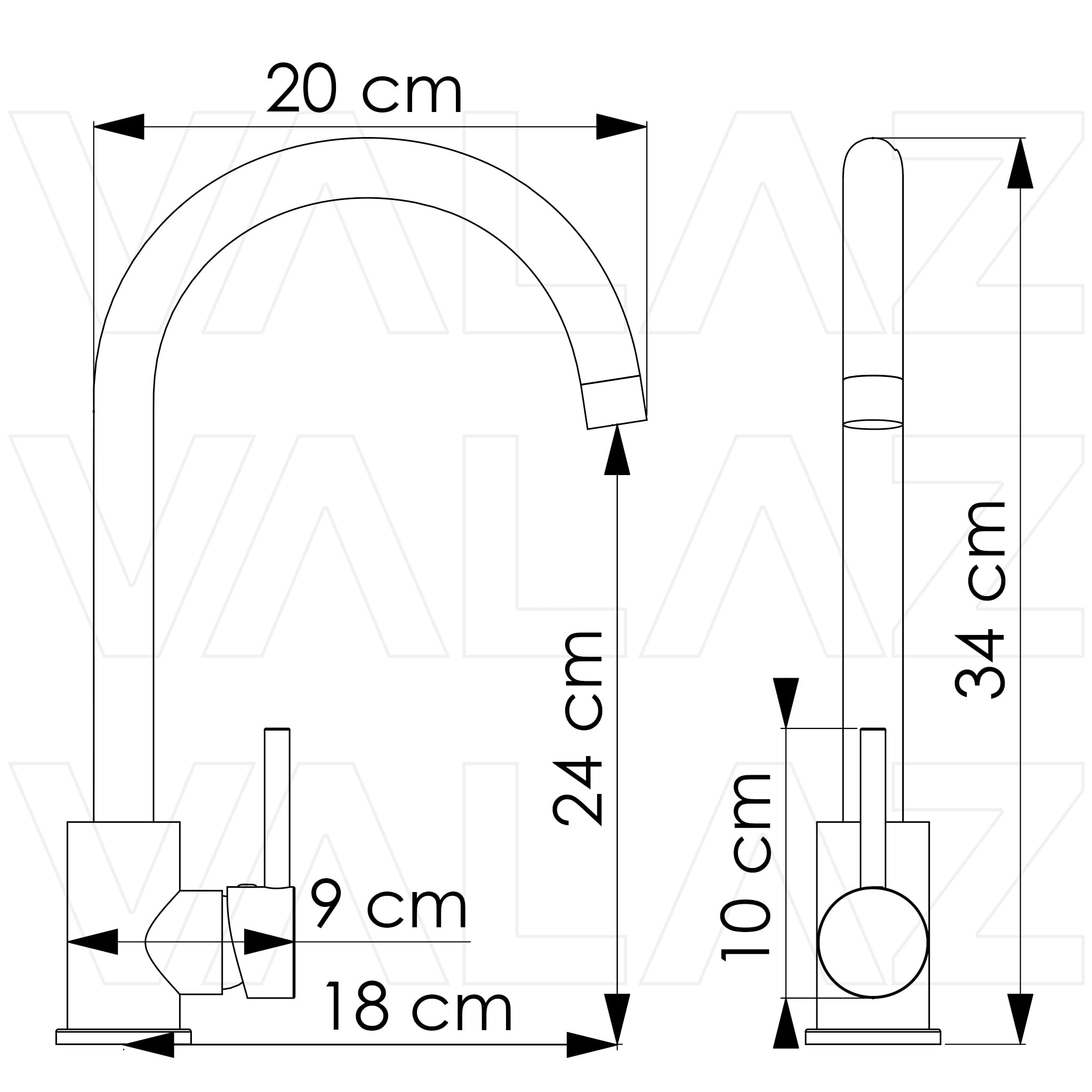 VALAZ Grifo de cocina monomando giratorio 360 negro mate para fregadero