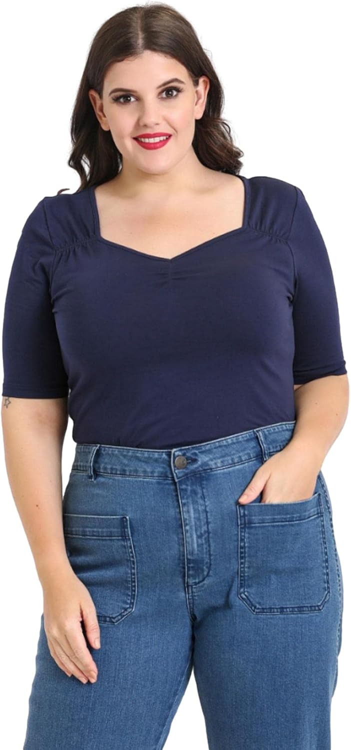 Hell Bunny Philippa Women's Vintage Sweetheart Neck Blouse – Retro Stretch Jersey Top with Elbow-Length Sleeves