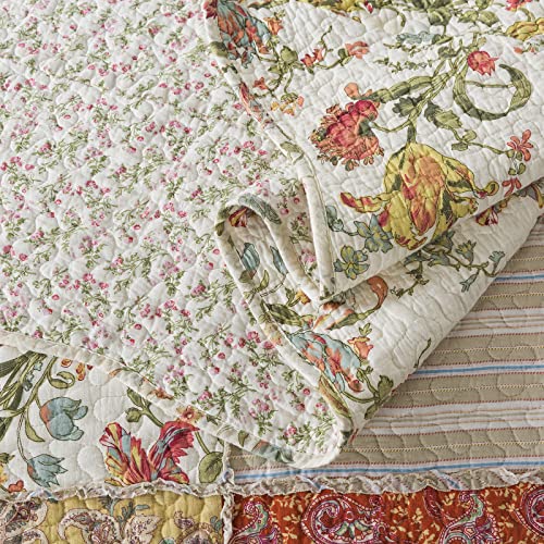 NEWLAKE Cotton Patchwork Bedspread, 3-Piece Bedding Quilt Set with Real Stitched Embroidery, Reversible Matelasse Bed Coverlet Set,Floral Paisley Grid with Lace,Queen Size
