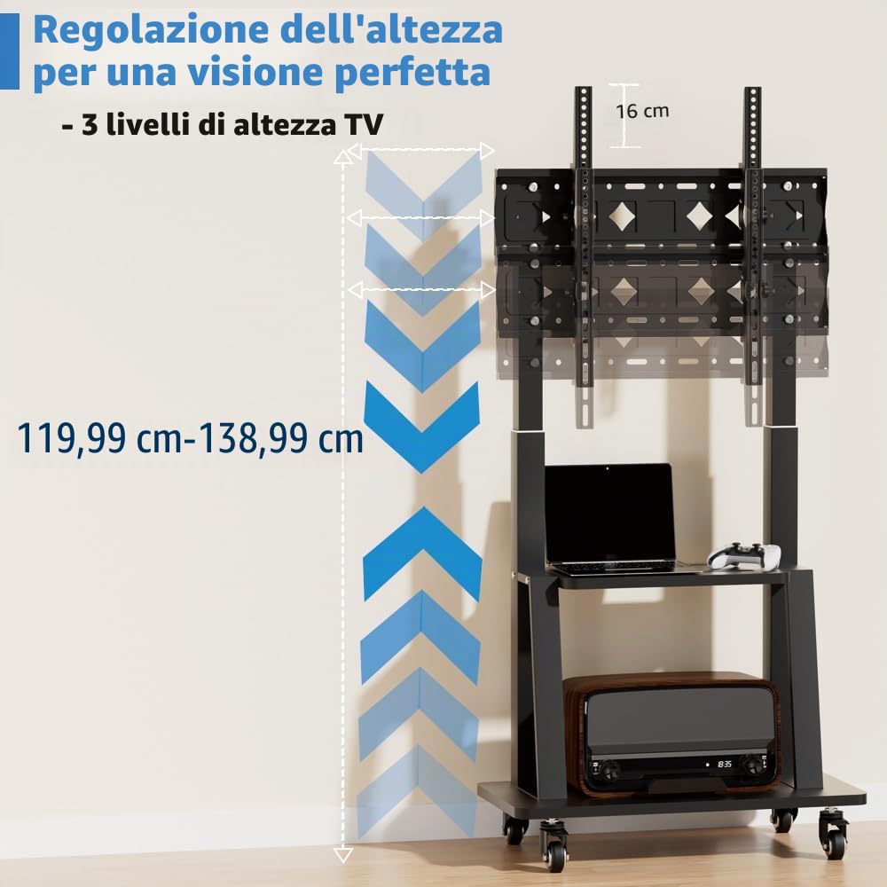 Porta tv da terra mobile Supporto per TV portatile su ruote da 32 a 75 pollici, supporto TV mobile con ripiano, regolabile in altezza, supporta fino a 130 lbs, Vesa 600×400
