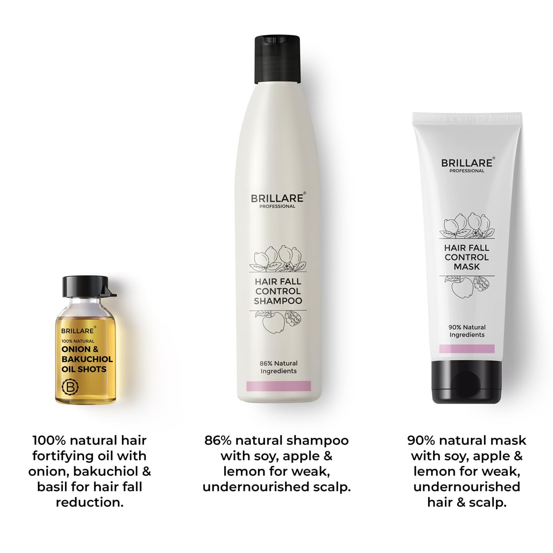 Brillare Anti Hair Fall Treatment Combo, Strengthens roots, Prevents Breakage & Reduces Hair Fall, Shampoo 300ml, Conditioner 125ml and Oil shots (8 shots x 6ml each)