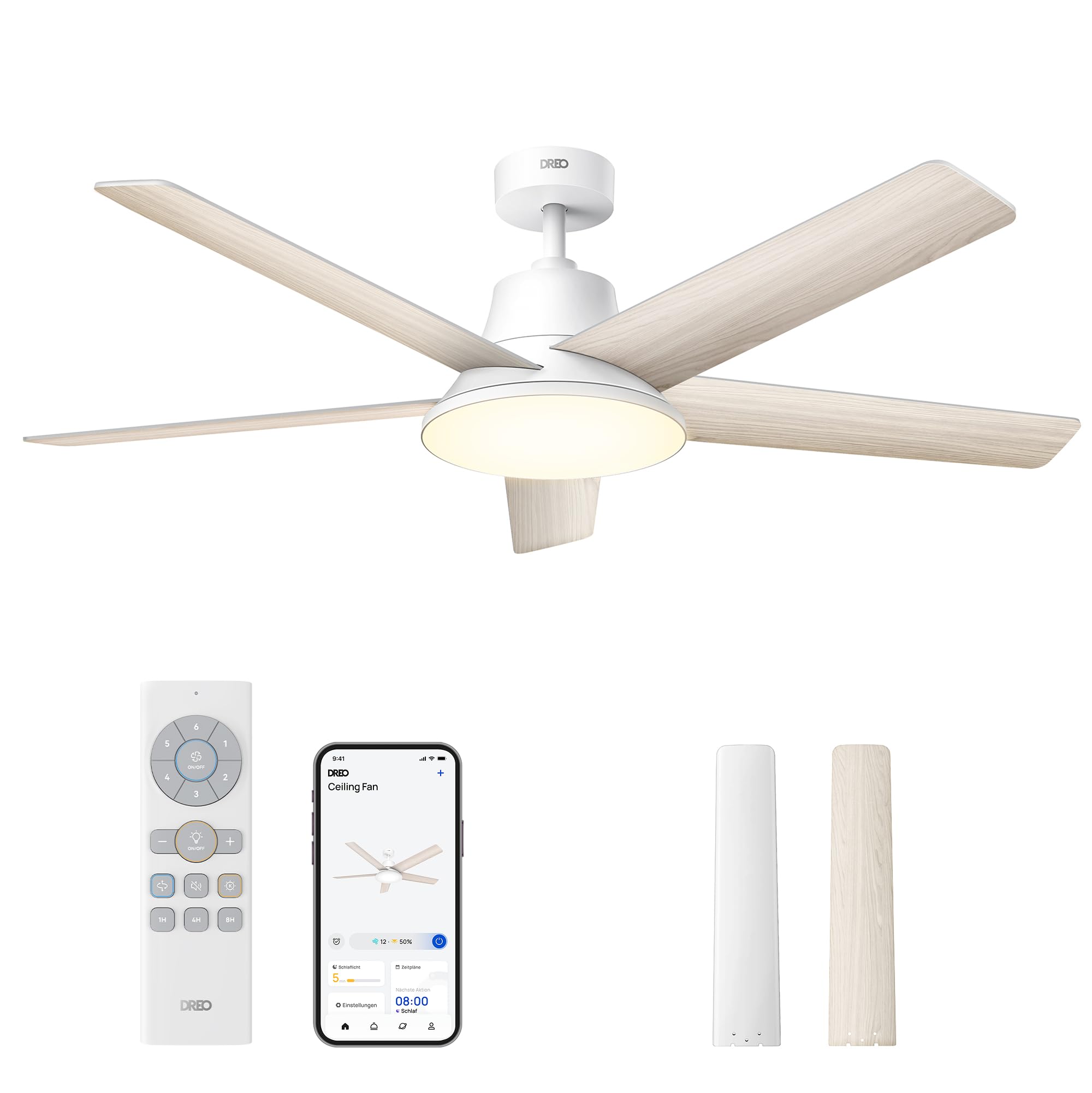 DREO Smart Deckenventilator mit Licht, 132 cm, 12 Geschwindigkeiten, 3 Modi, stufenlos dimmbares LED-Beleuchtung, leiser DC-Motor, 12H-Timer, Fernbedienung/APP/Alexa, für Innenräume, Weiß